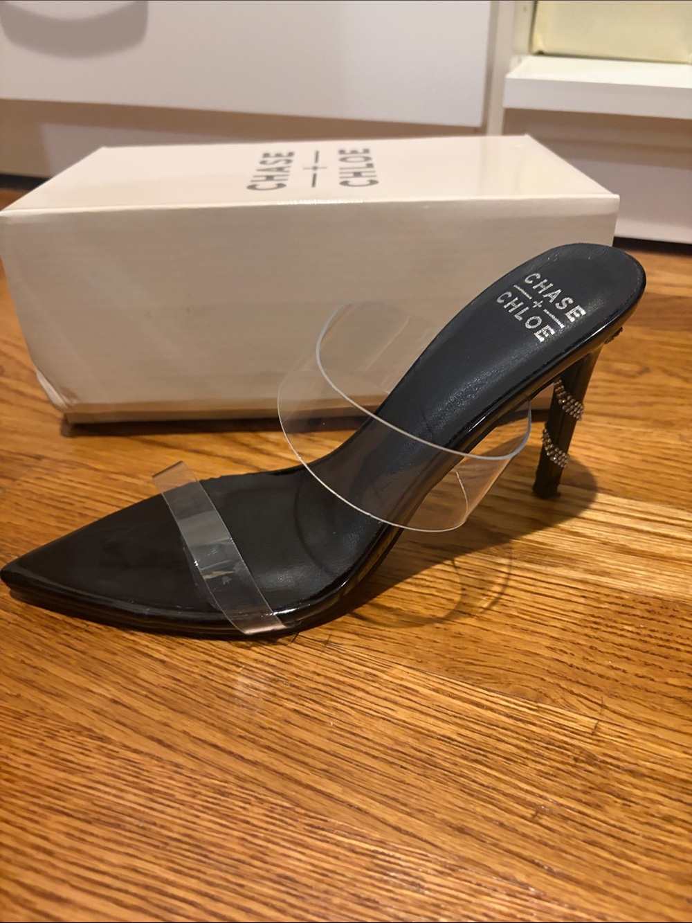 Chase + Chloe Black Pointed Clear-Strap Rhinestone Heel Mule